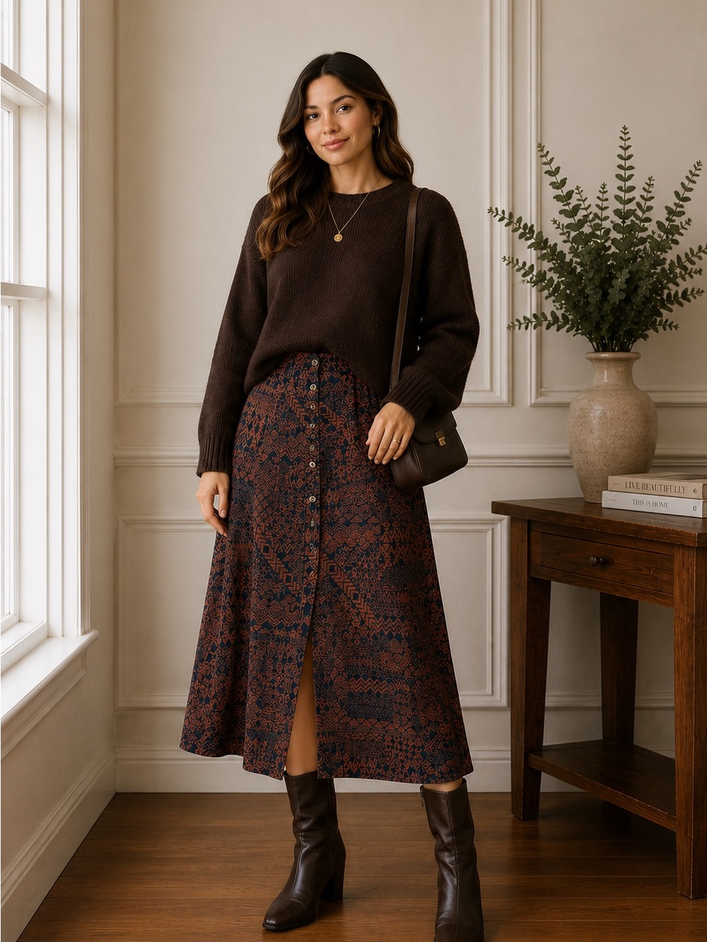 INSPR Women’s Detailed Midi Brown Skirt